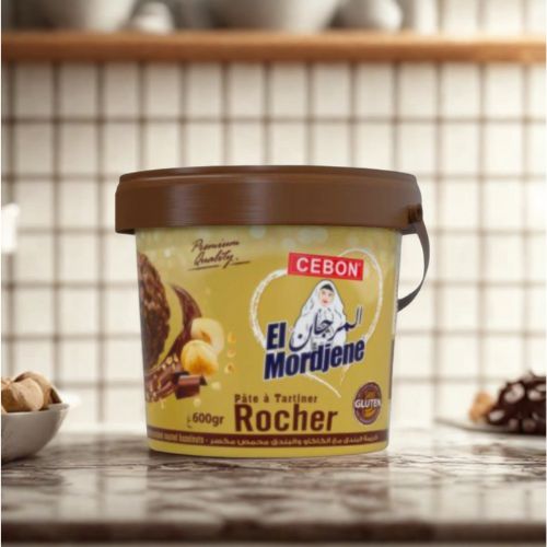 Pot de pâte à tartiner Rocher El Mordjene, version 600g, sur fond de cuisine