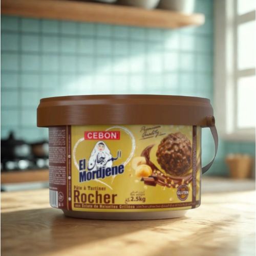 Pot de pâte à tartiner Rocher El Mordjene, version 2.5kg, sur fond de cuisine
